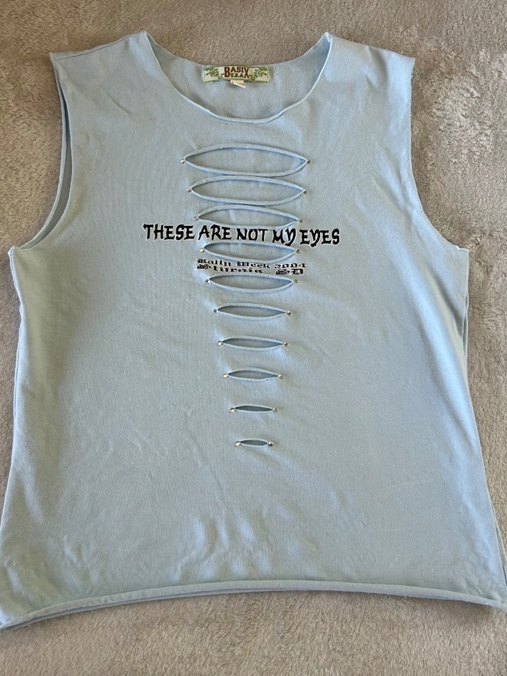 Bejeweled Vintage Basix USA Slit Crop Light Blue Tank Top